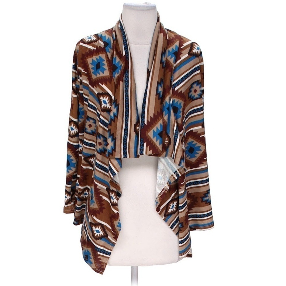 Ambiance Apparel Aztec Geometric‎ Print Open Front Cardigan Brown Blue Boho S/M